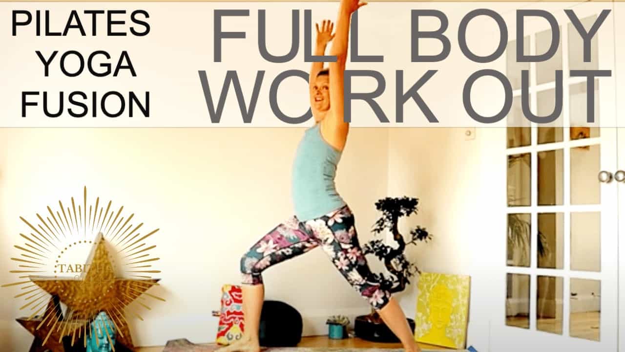 Woman standing in warrior 1 yoga position with Pilates Yoga Fusion Full Body Work Out written above and Tabitha Yoga Logo