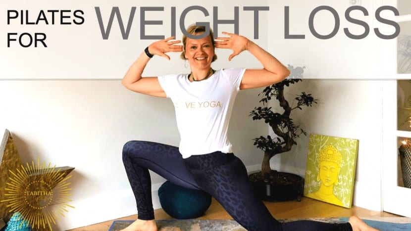 woman kneeling in Pilates pose with Pilates For Weight Loss written above and Tabitha Yoga Logo
