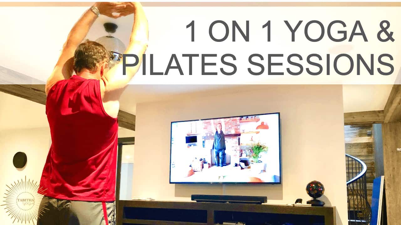 man standing stretching following an exercise class on the TV with 1 on 1 Yoga And ~Pilates Sessions written above and Tabitha Yoga Logo
