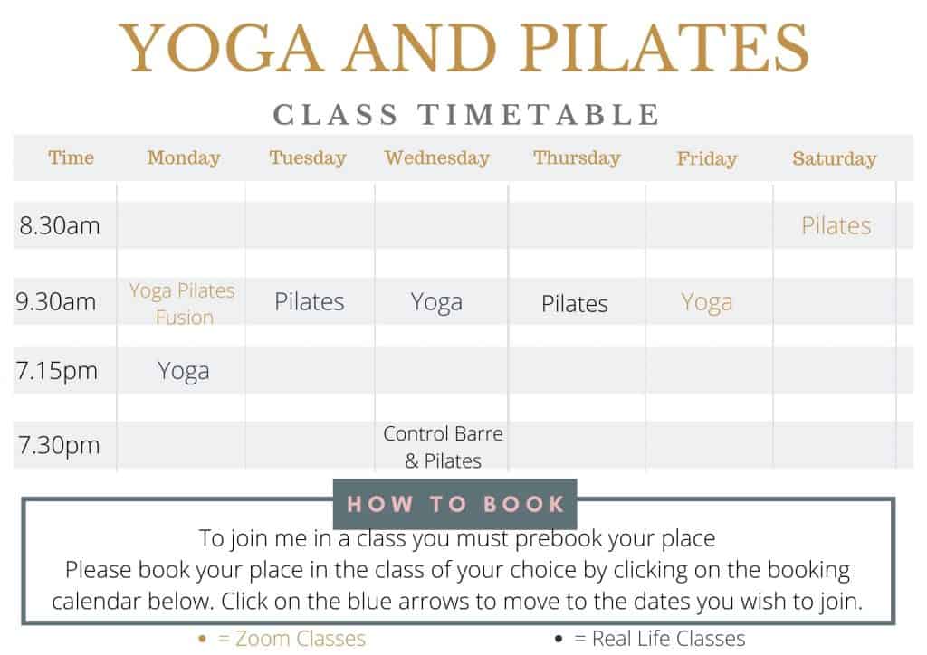 infographic of the timetable of yoga and pilates classes at Tabitha Yoga