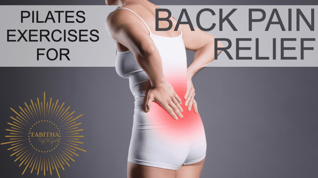 woman holding her painful back cover image for Tabitha Yoga best pilates for back pain video