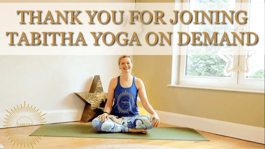 Tabtiha Yoga sitting on a yoga mat under the text saying thankyou for joining Tabitha Yoga On Demand