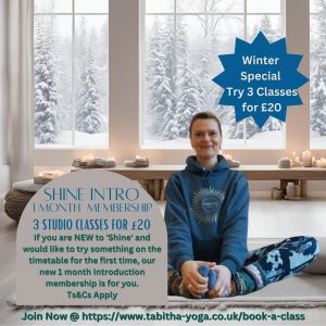 Tabitha Wright owner of Shine With Tabitha Yoga sitting in a winter scene, yoga studio